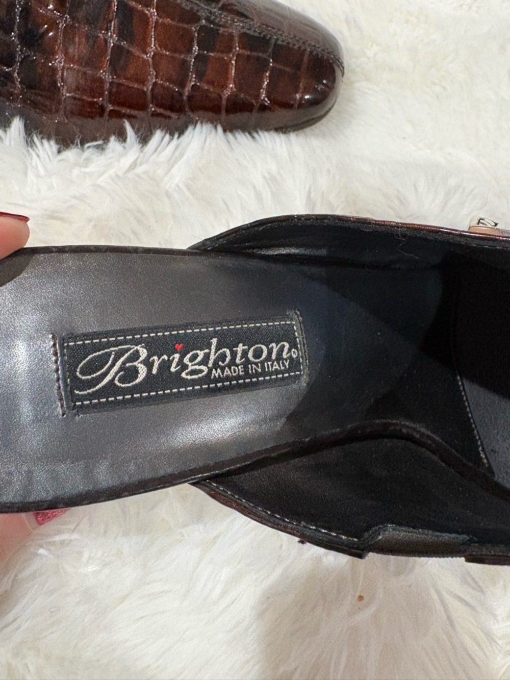 Brighton  Dark Brown Croc-Embossed Slip-On Mules with Silver Buckle - Picture 8 of 12